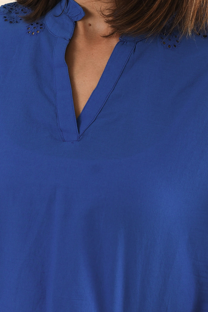 Loretta Cobalt Cotton Embroidered Blouse,Detail,Brunette model,alt text|model:Cara