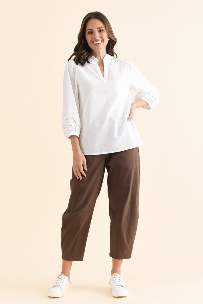 Loretta White Cotton Embroidered Blouse,Full Body,Brunette model,alt text|model:MJ