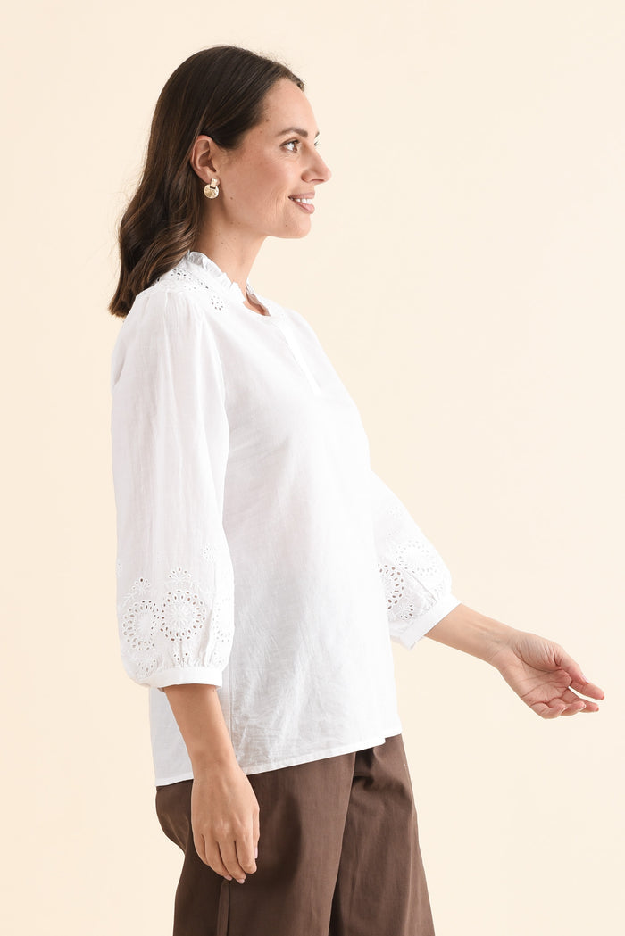 Loretta White Cotton Embroidered Blouse,Side,Brunette model,alt text|model:MJ
