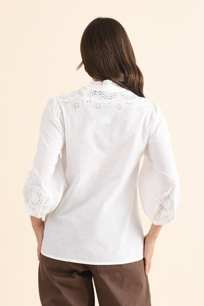 Loretta White Cotton Embroidered Blouse,Back,Brunette model,alt text|model:MJ