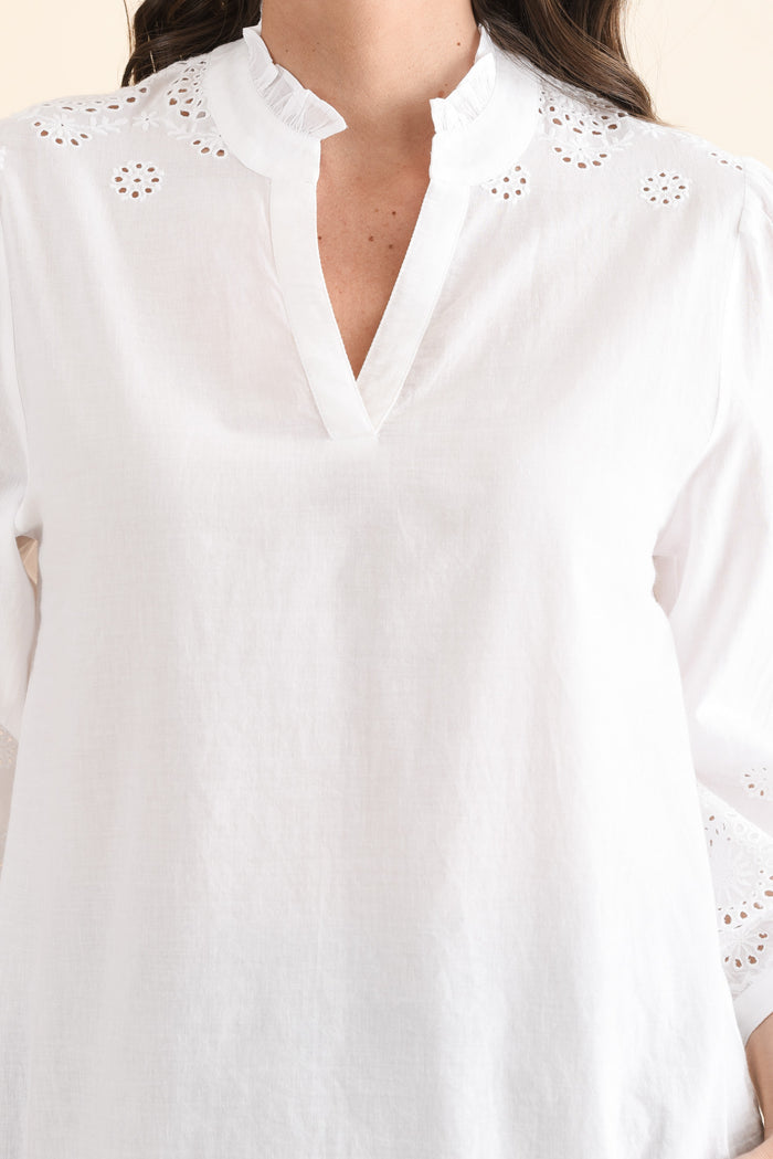 Loretta White Cotton Embroidered Blouse,Detail,Brunette model,alt text|model:MJ