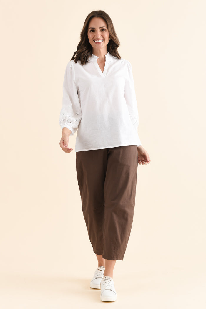 Loretta White Cotton Embroidered Blouse,Full Body,Brunette model,alt text|model:MJ