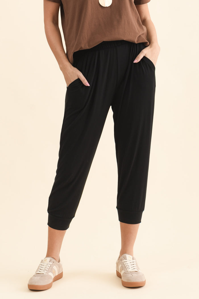Louis Black Cropped Jogger Pants,Front,Brunette model,alt text|model:MJ