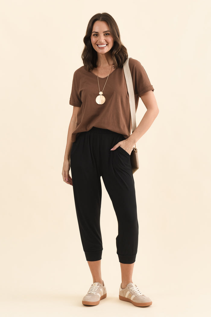 Louis Black Cropped Jogger Pants,Full Body,Brunette model,alt text|model:MJ