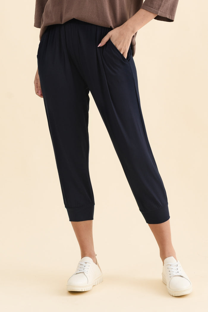 Louis Navy Cropped Jogger Pants,Front,Brunette model,alt text|model:MJ