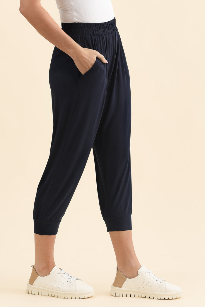 Louis Navy Cropped Jogger Pants,Side,Brunette model,alt text|model:MJ