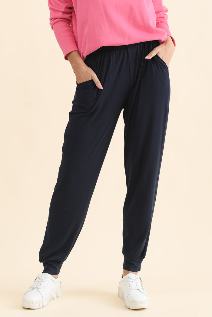 Louis Navy Jogger Pants,Front,Brunette model,alt text|model:MJ