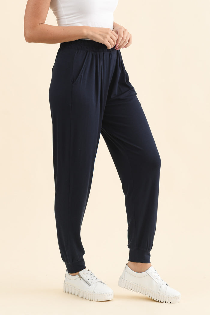 Louis Navy Jogger Pants,Side,Brunette model,alt text|model:MJ