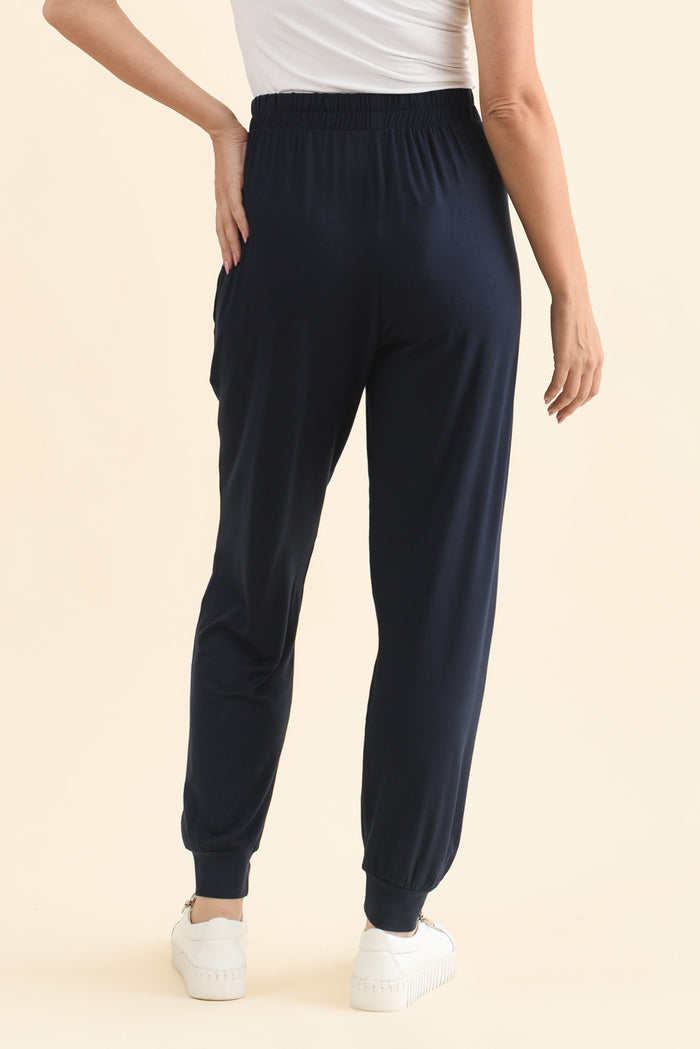 Louis Navy Jogger Pants,Back,Brunette model,alt text|model:MJ