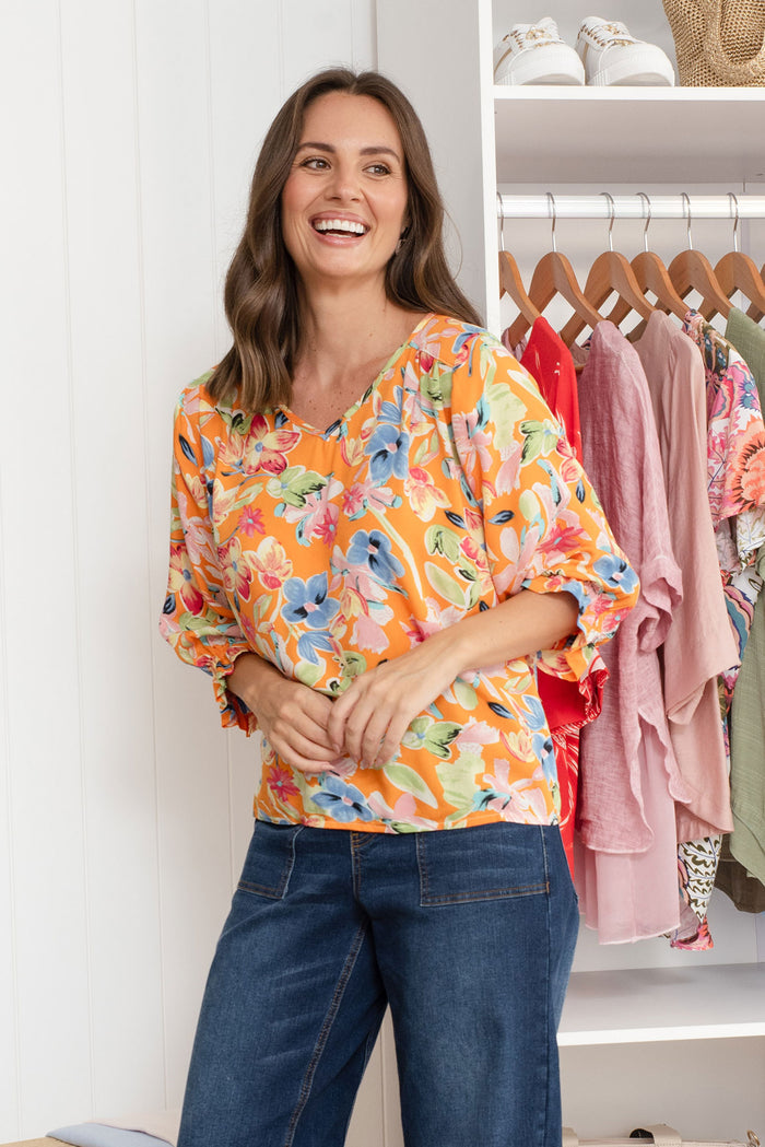 Lourdes Orange Floral Frill Sleeve Top,Lifestyle