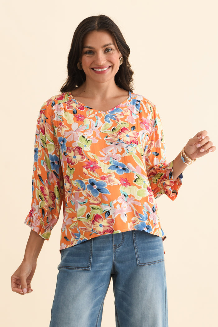 Lourdes Orange Floral Frill Sleeve Top,Brunette model,alt text|model:Brontie