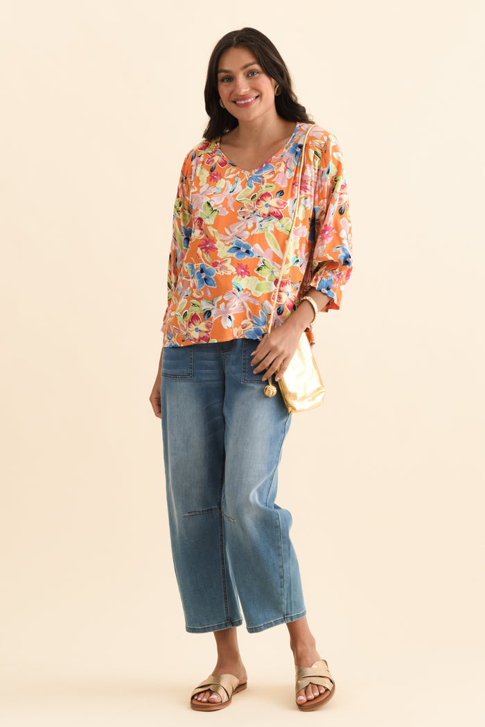 Lourdes Orange Floral Frill Sleeve Top,Brunette model,alt text|model:Brontie