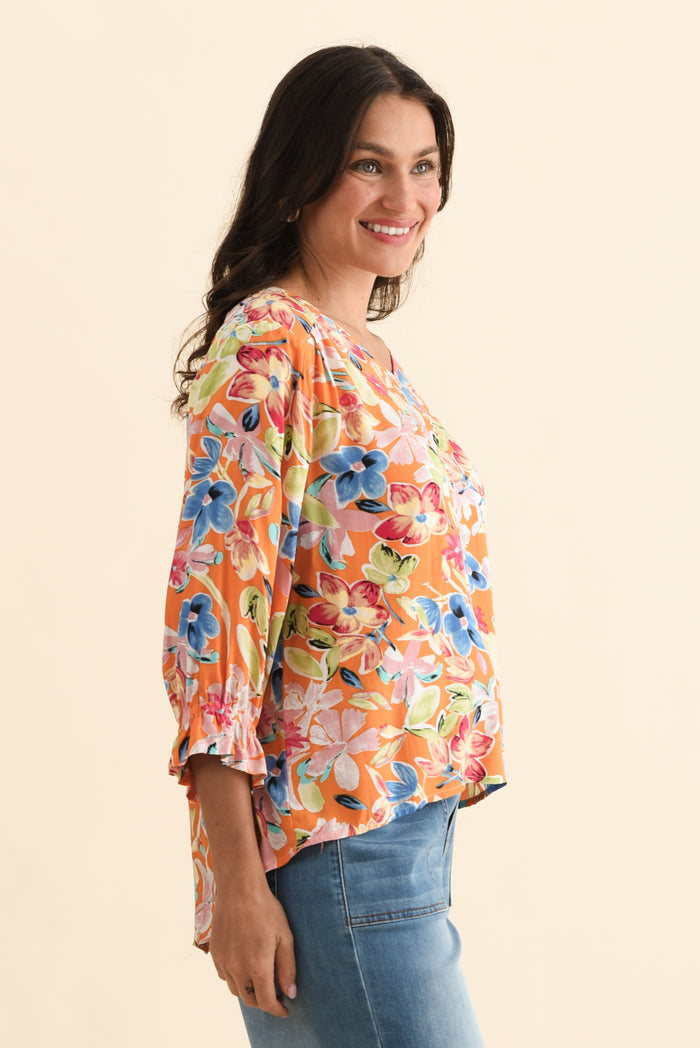 Lourdes Orange Floral Frill Sleeve Top,Brunette model,alt text|model:Brontie