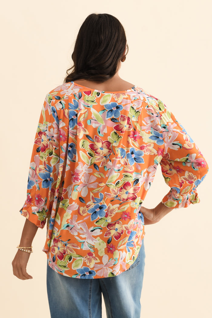 Lourdes Orange Floral Frill Sleeve Top,Brunette model,alt text|model:Brontie