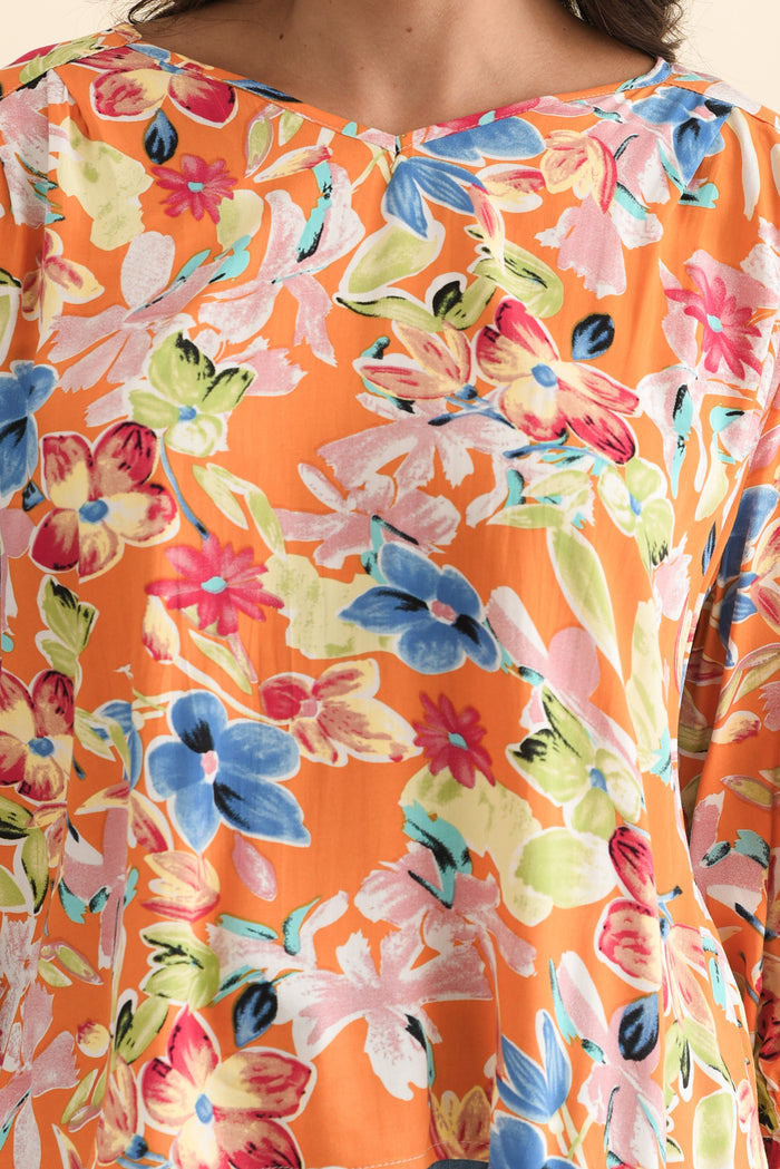 Lourdes Orange Floral Frill Sleeve Top,Brunette model,alt text|model:Brontie