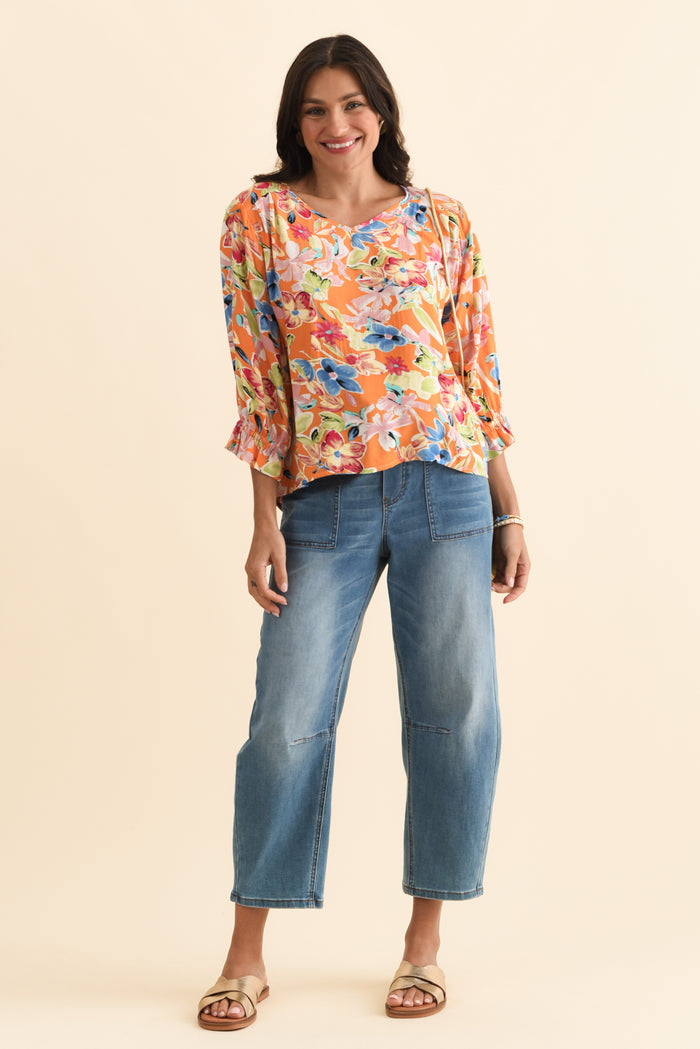 Lourdes Orange Floral Frill Sleeve Top,Brunette model,alt text|model:Brontie
