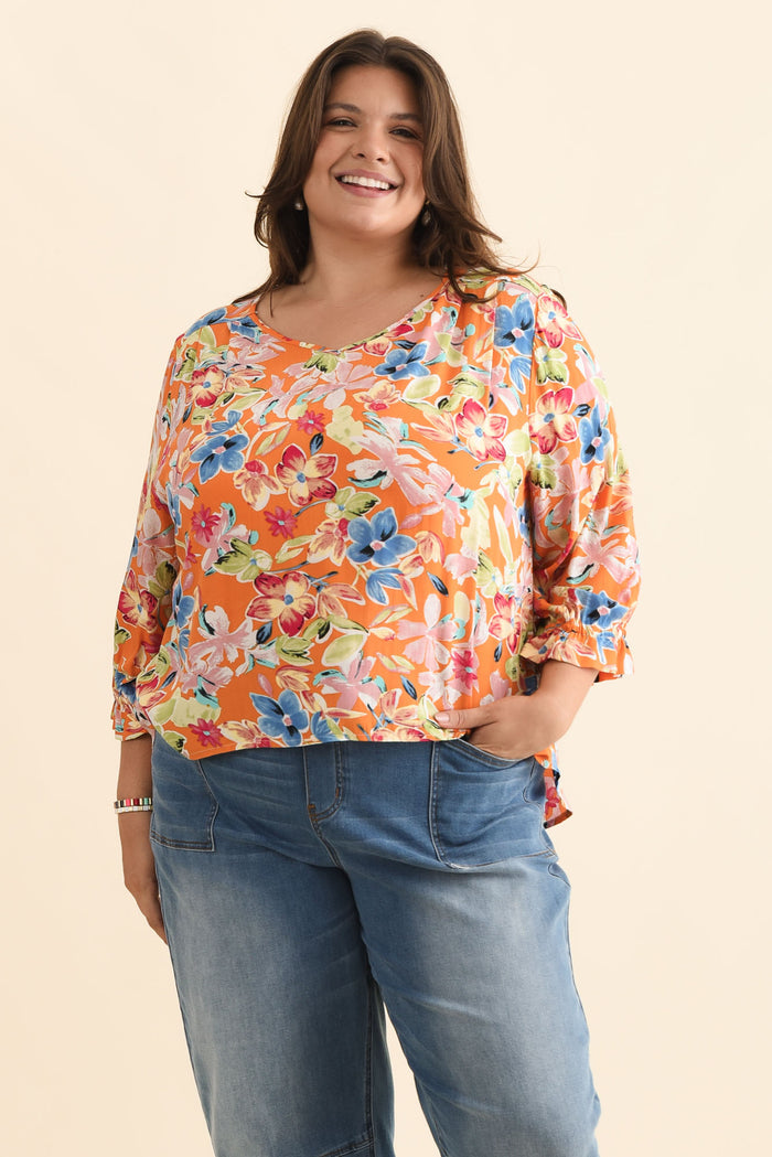 Lourdes Orange Floral Frill Sleeve Top,Brunette model,plus-size,curve-tops,plus-size-sleeved-tops,alt text|model:Gabby