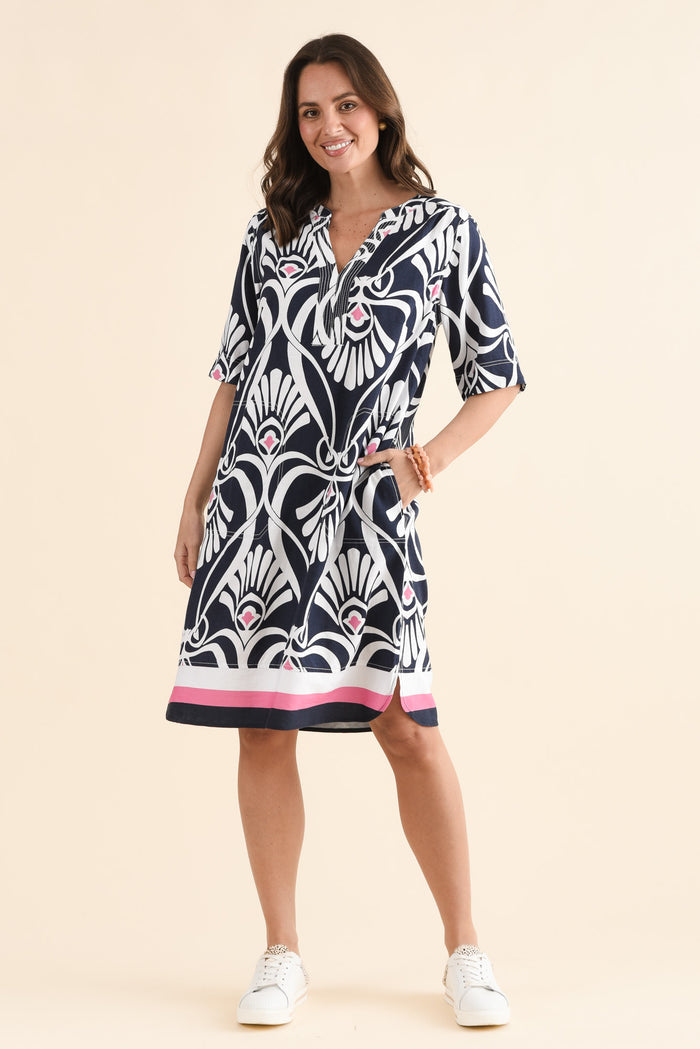 Lovella Navy Abstract V Neck Dress,Full Body,Brunette model,alt text|model:MJ