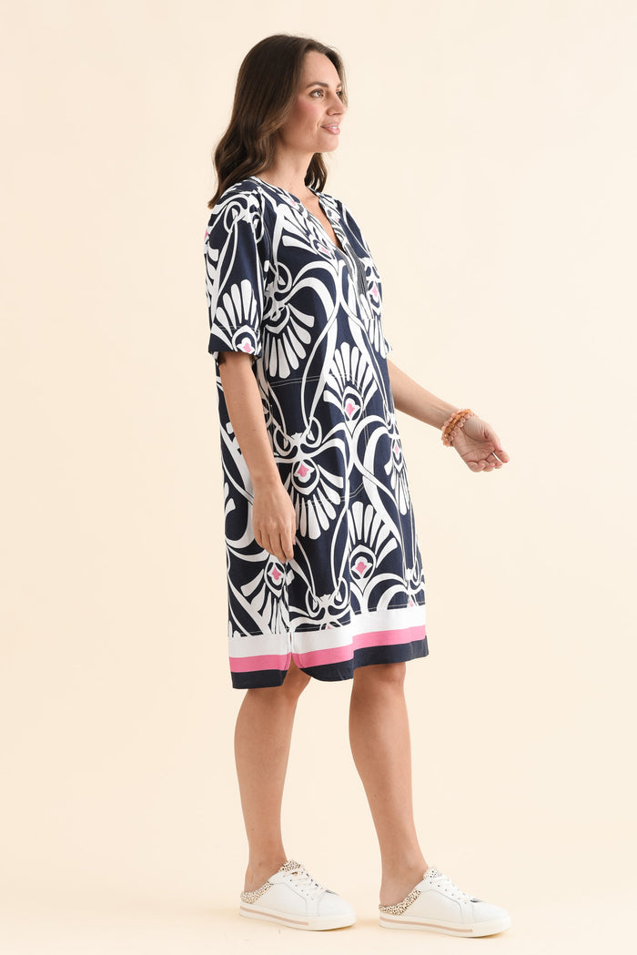 Lovella Navy Abstract V Neck Dress,Side,Brunette model,alt text|model:MJ