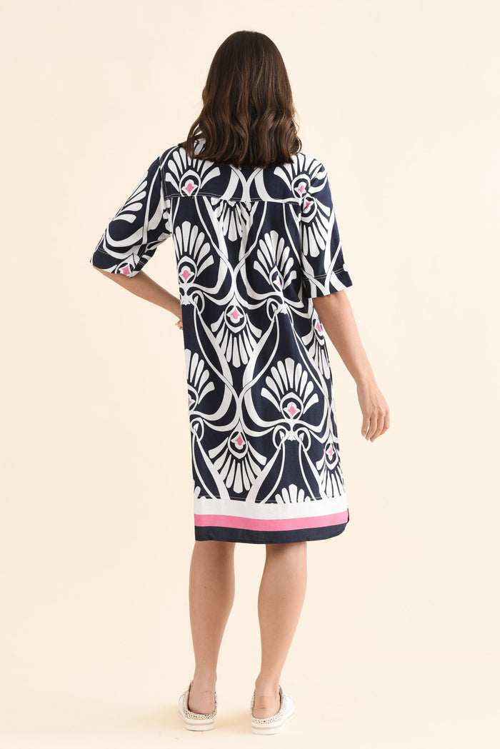 Lovella Navy Abstract V Neck Dress,Back,Brunette model,alt text|model:MJ