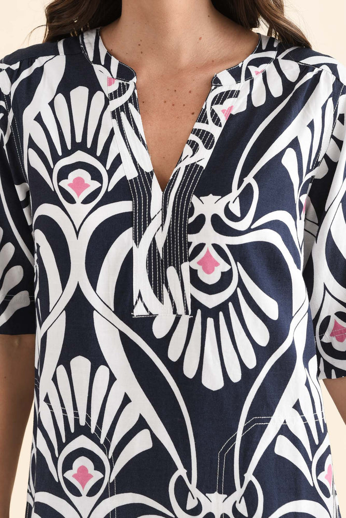 Lovella Navy Abstract V Neck Dress,Detail,Brunette model,alt text|model:MJ