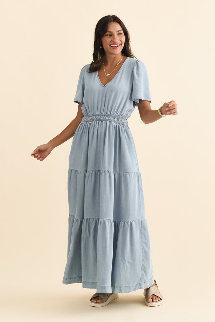 Luca Light Blue Tencel Tier Dress,Brunette model,alt text|model:Brontie