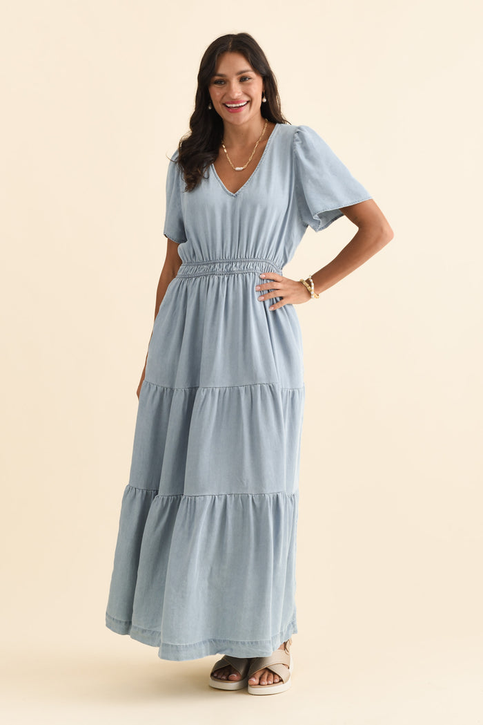 Luca Light Blue Tencel Tier Dress,Brunette model,alt text|model:Brontie