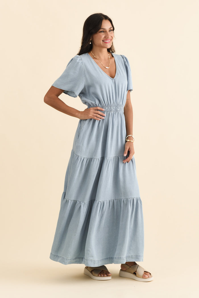 Luca Light Blue Tencel Tier Dress,Brunette model,alt text|model:Brontie