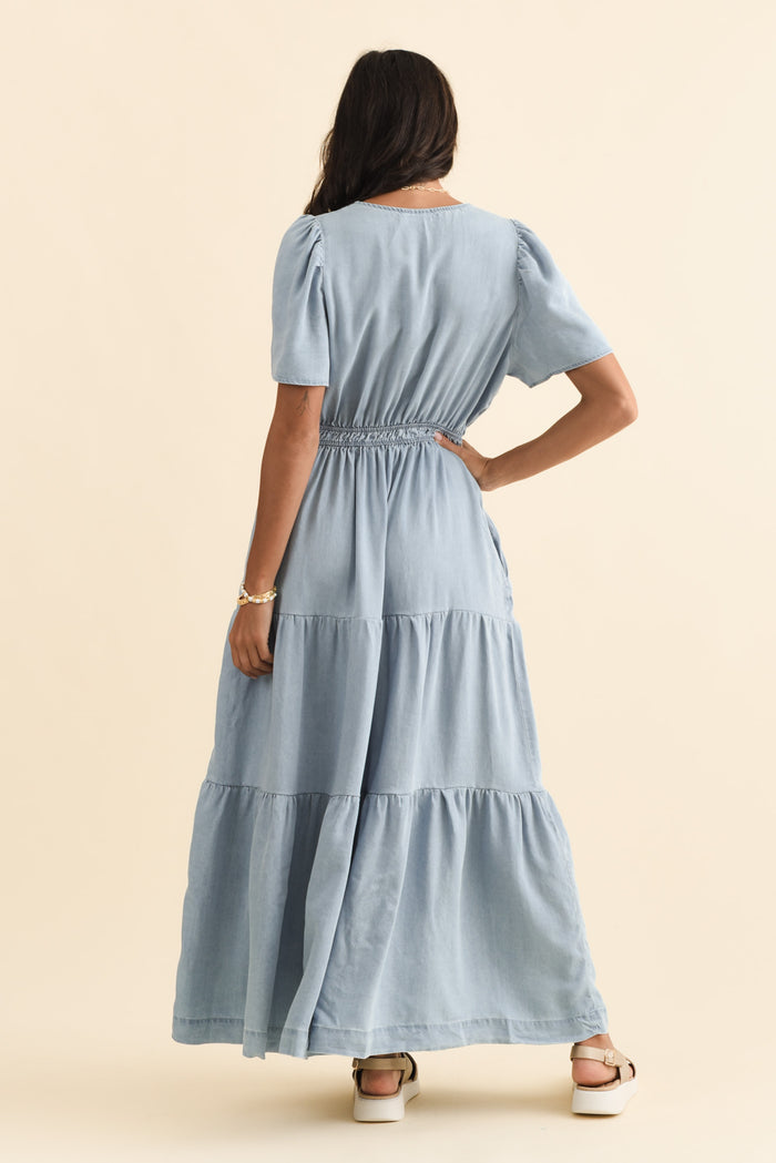 Luca Light Blue Tencel Tier Dress,Brunette model,alt text|model:Brontie