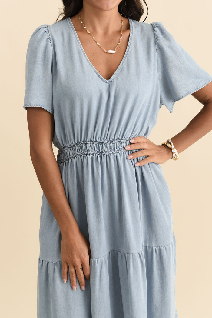 Luca Light Blue Tencel Tier Dress,Brunette model,alt text|model:Brontie