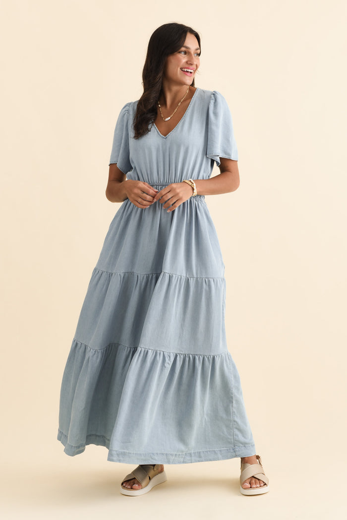 Luca Light Blue Tencel Tier Dress,Brunette model,alt text|model:Brontie
