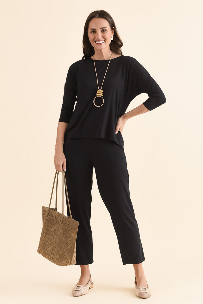 Lucinda Black Bamboo Boatneck Top,Full Body,Brunette model,alt text|model:MJ