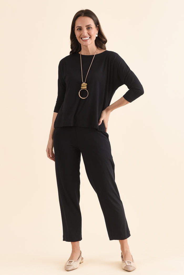 Lucinda Black Bamboo Boatneck Top,Full Body,Brunette model,alt text|model:MJ