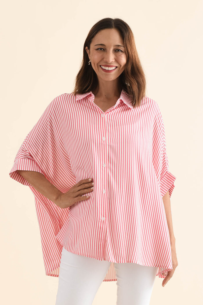 Luna Melon Stripe Button Shirt,Front,Brunette model,alt text|model:Cara