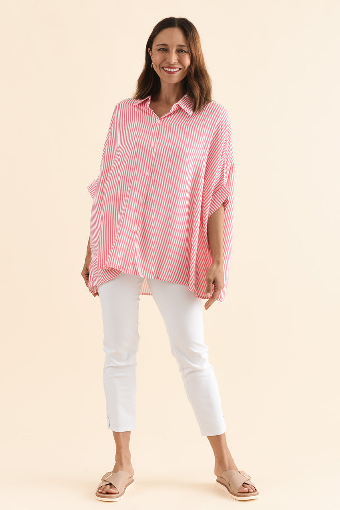 Luna Melon Stripe Button Shirt,Full Body,Brunette model,alt text|model:Cara