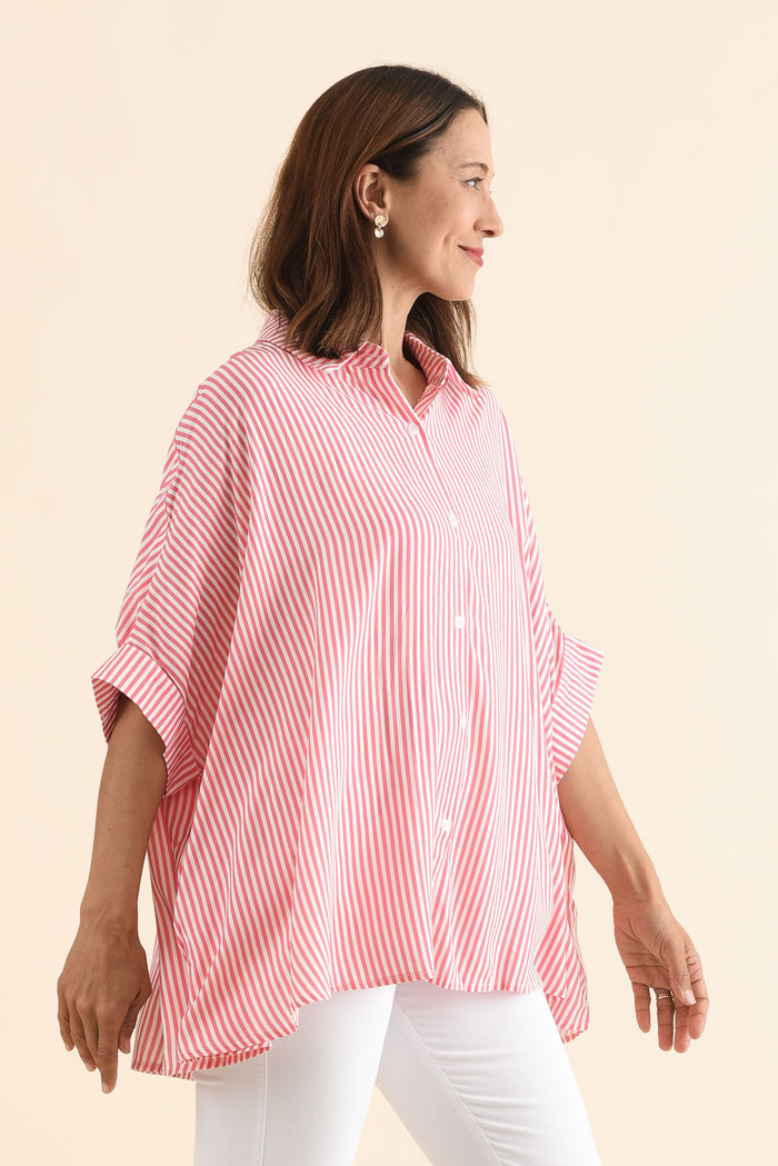 Luna Melon Stripe Button Shirt,Side,Brunette model,alt text|model:Cara