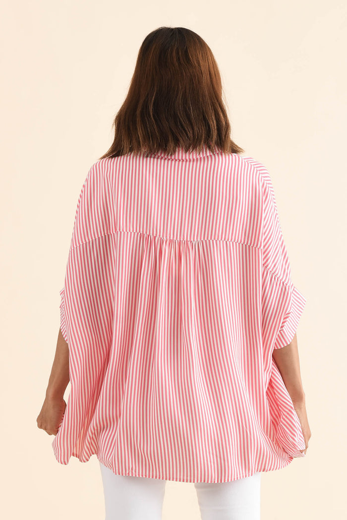 Luna Melon Stripe Button Shirt,Back,Brunette model,alt text|model:Cara
