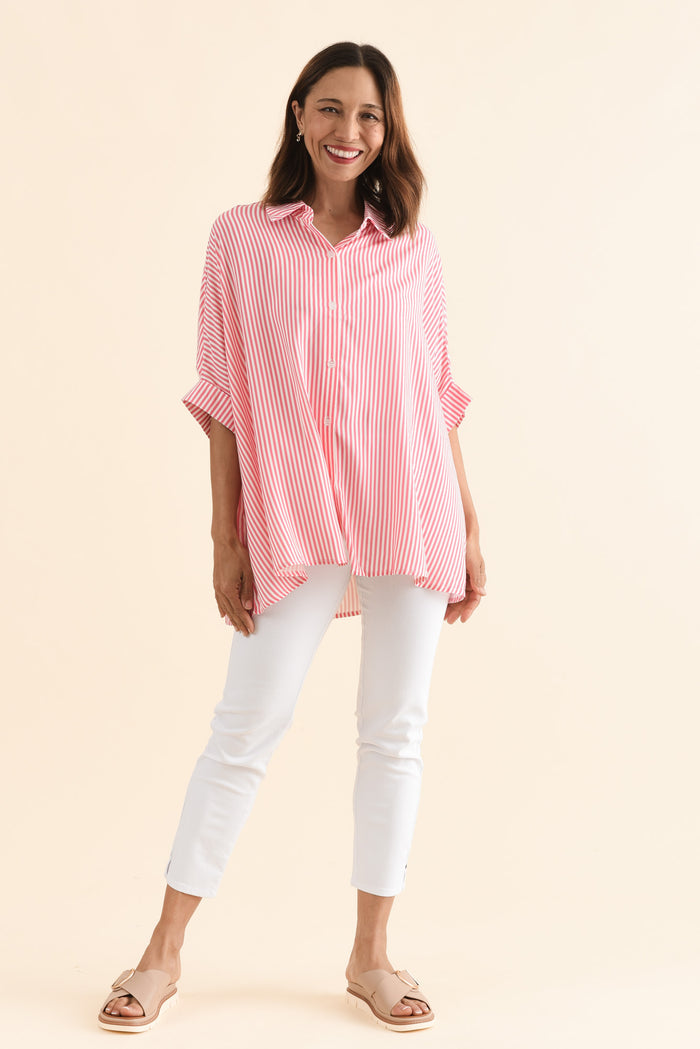 Luna Melon Stripe Button Shirt,Full Body,Brunette model,alt text|model:Cara