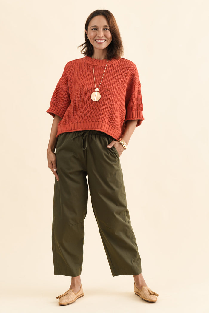 Lund Khaki Barrel Drawstring Pants,Full Body,Brunette model,alt text|model:Cara