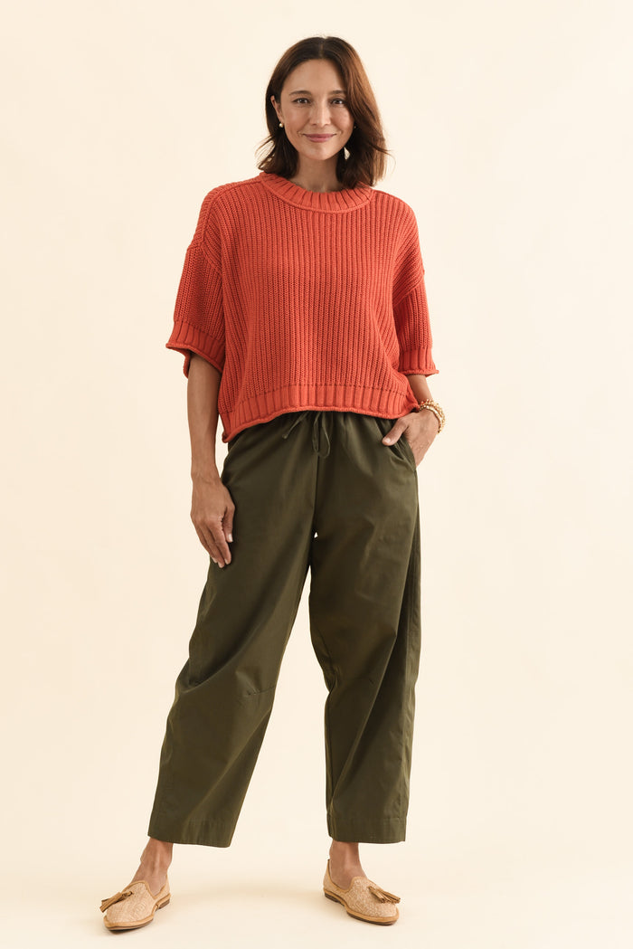 Lund Khaki Barrel Drawstring Pants,Full Body,Brunette model,alt text|model:Cara