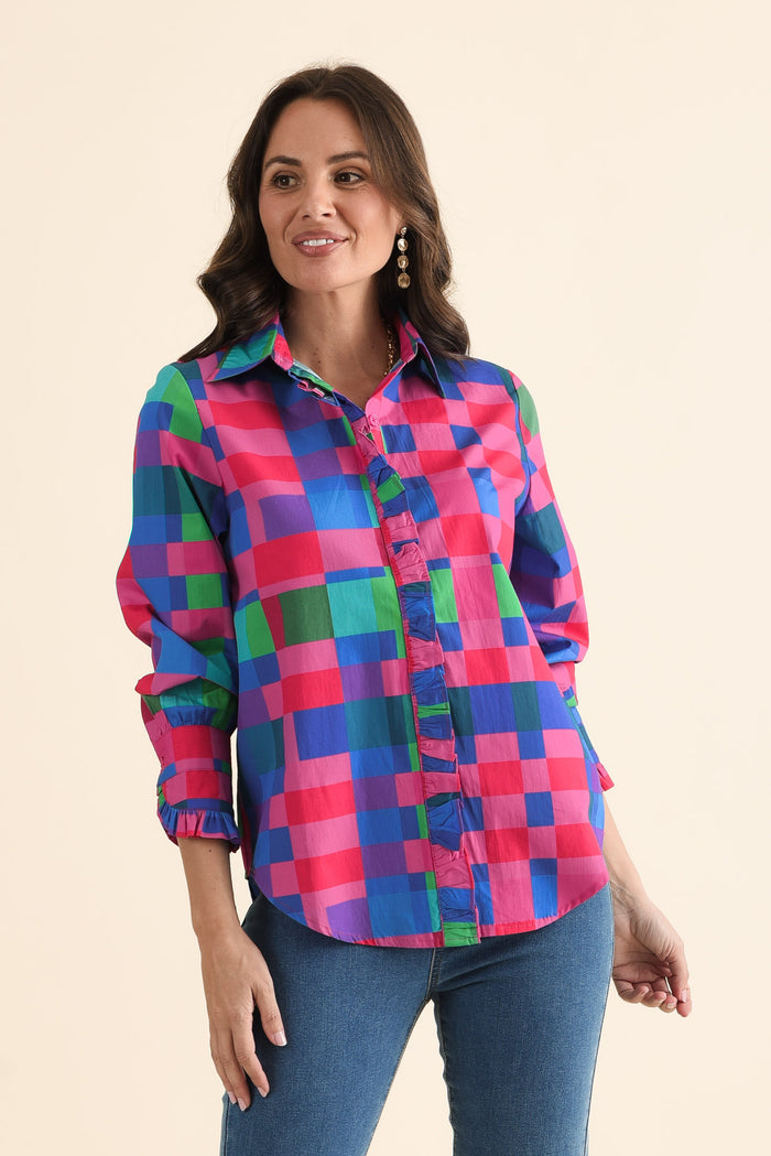 Lure Pink Gingham Cotton Poplin Shirt,brunette model,Front of Outfit,alt text|model:MJ