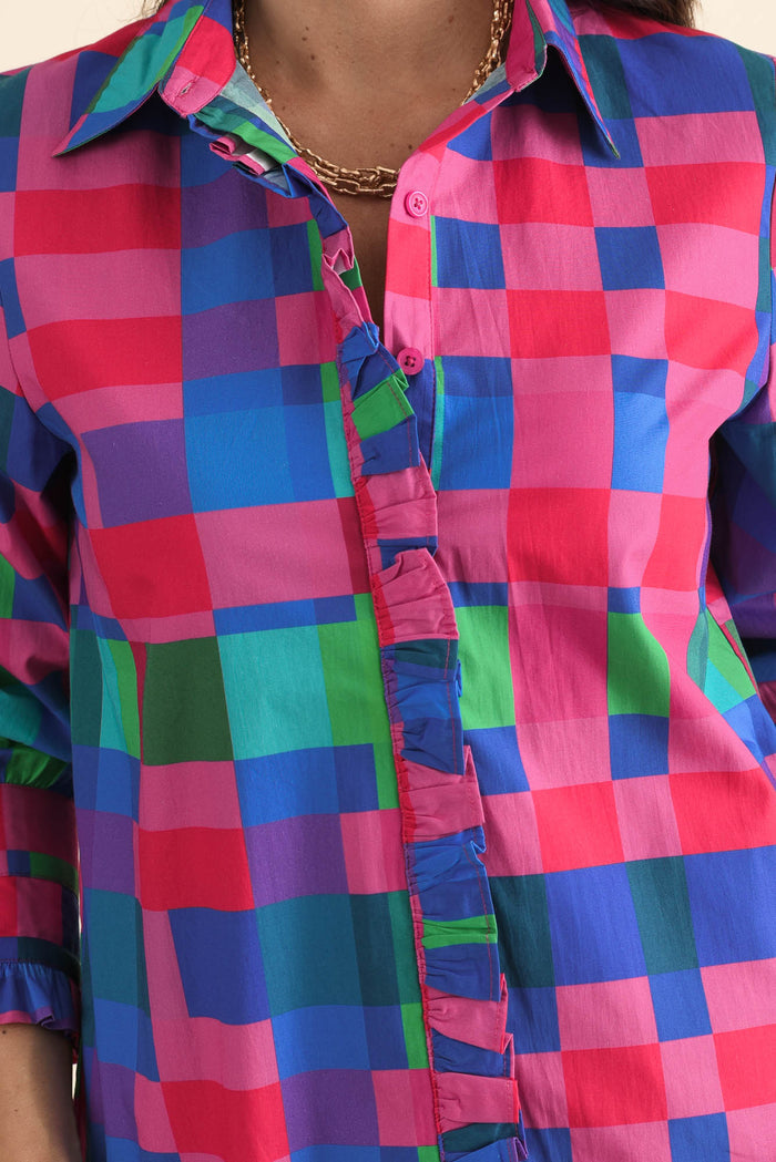 Lure Pink Gingham Cotton Poplin Shirt,brunette model,Close up of outfit,alt text|model:MJ