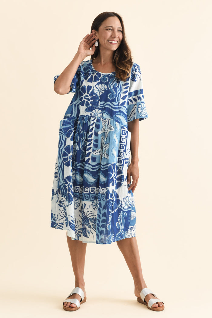 Mackie Blue Ocean Cotton Pocket Dress,Brunette model,alt text|model:Cara