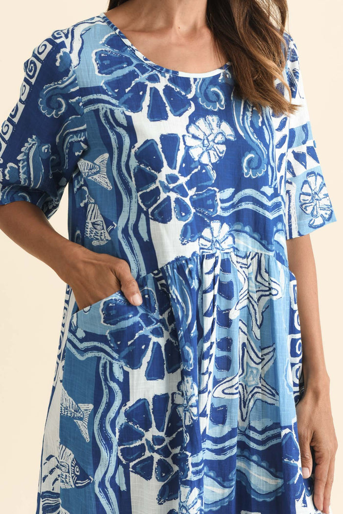 Mackie Blue Ocean Cotton Pocket Dress,Brunette model,alt text|model:Cara