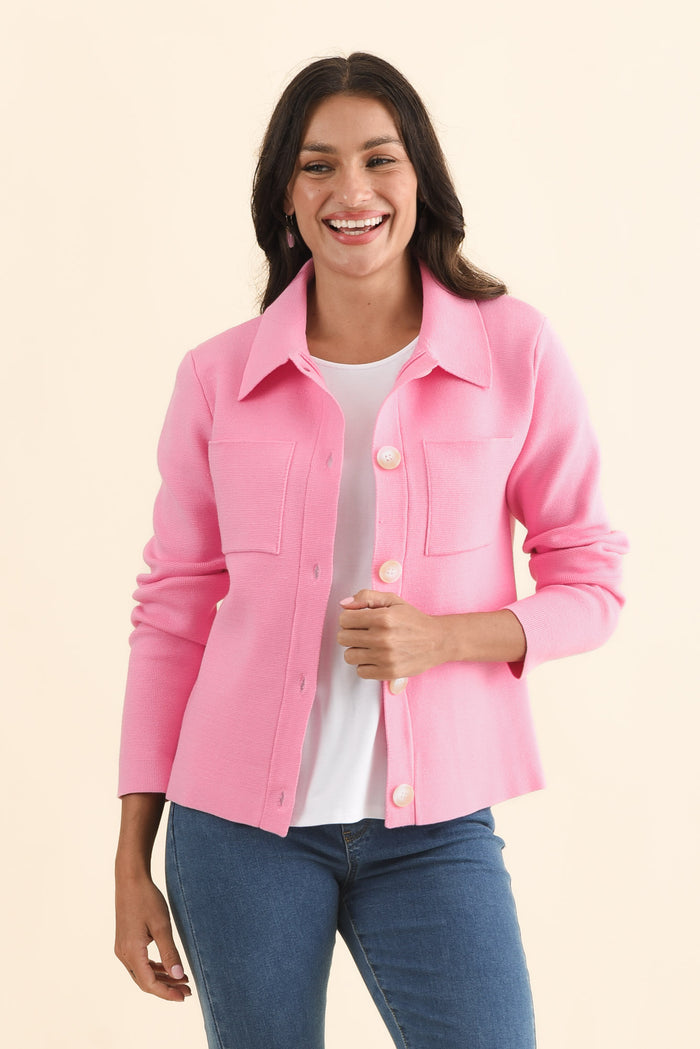 Madden Pink Collared Cardigan,Brunette model,alt text|model:Brontie