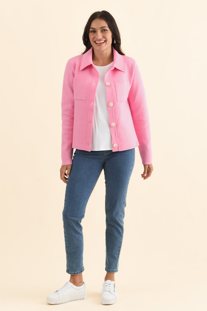 Madden Pink Collared Cardigan,Brunette model,alt text|model:Brontie
