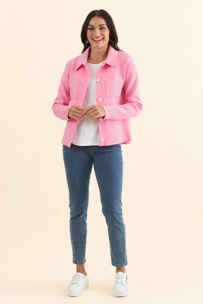 Madden Pink Collared Cardigan,Brunette model,alt text|model:Brontie