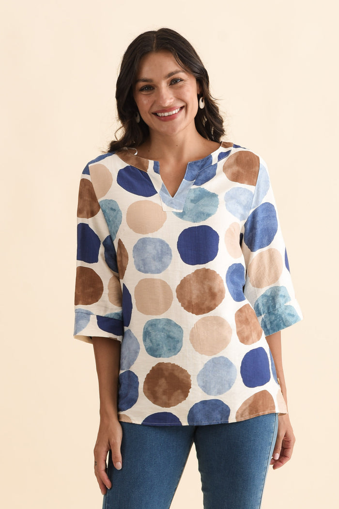 Maddox Navy Spot Cotton Blend Top,Brunette model,alt text|model:Brontie