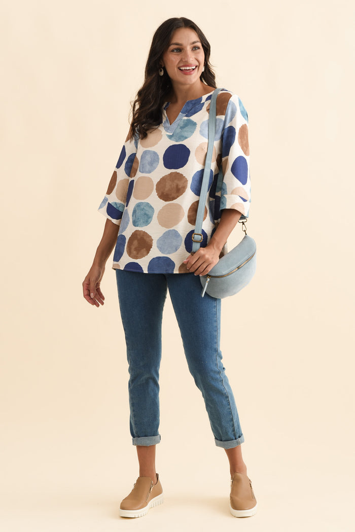 Maddox Navy Spot Cotton Blend Top,Brunette model,alt text|model:Brontie