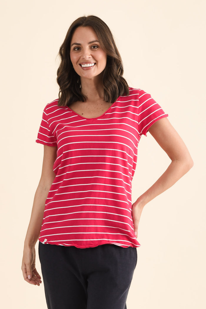 Maggie Fuchsia Stripe Cotton Vee Tee,brunette model,Front of Outfit,alt text|model:MJ